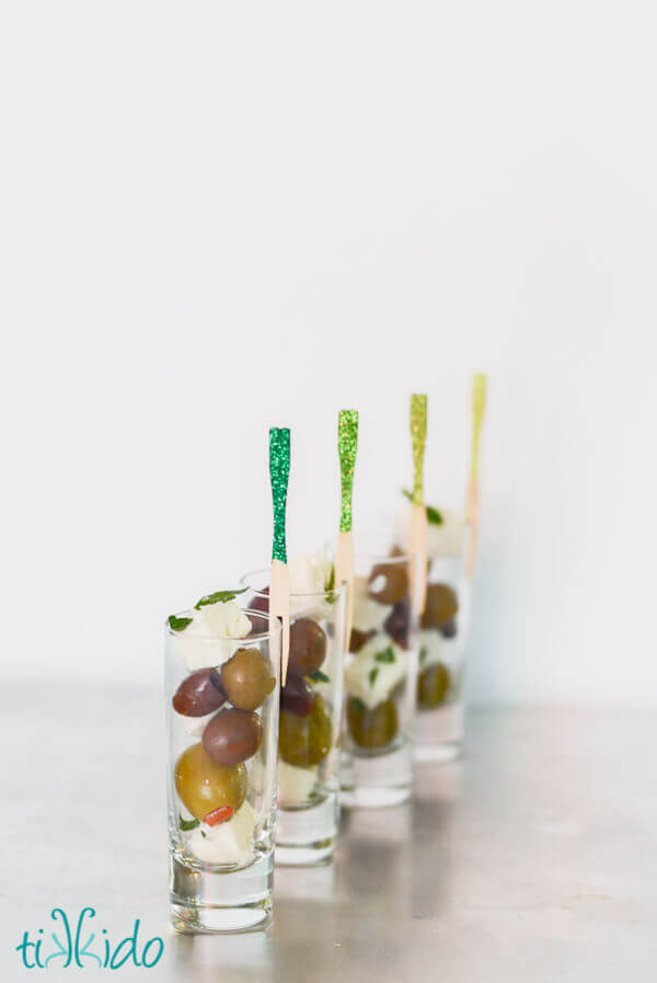 DIY Glittered Cocktail Forks and an Easy, Elegant Olive and Feta